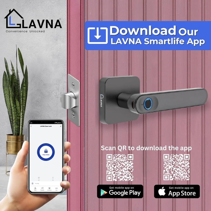 LAVNA Smart Door Lock 3 Way Unlock Fingerprint Mobile app Key Access Suitable for 28 mm to 55mm Wooden Door fit with Right N Left Door Handle LA15 Digital - Image 5
