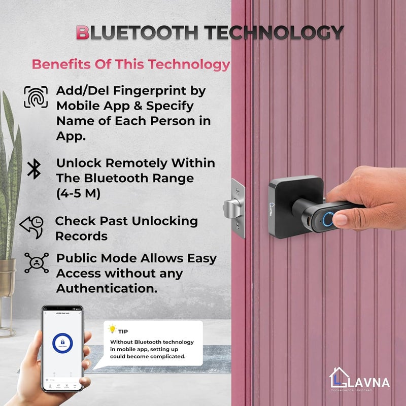 LAVNA Smart Door Lock 3 Way Unlock Fingerprint Mobile app Key Access Suitable for 28 mm to 55mm Wooden Door fit with Right N Left Door Handle LA15 Digital - Image 2