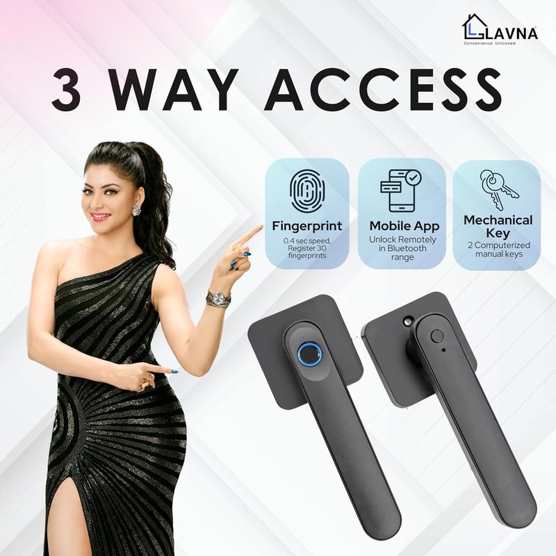 LAVNA Smart Door Lock 3 Way Unlock Fingerprint Mobile app Key Access Suitable for 28 mm to 55mm Wooden Door fit with Right N Left Door Handle LA15 Digital - Image 3