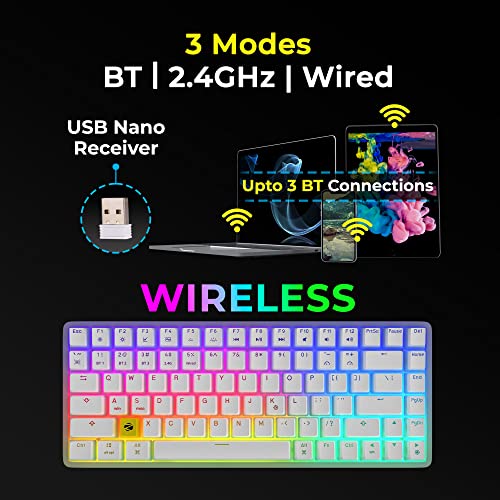 ZEBRONICS Premium Wireless Mechanical Keyboard, Outemu RED Switch, 3X Bluetooth, Hot swap, Mac, Android, Windows, Type C 1.8m Braided Cable, 2.4GHz RF, 18 RGB LED & Backlit Keys MAX Ninja 200 - White - Image 4