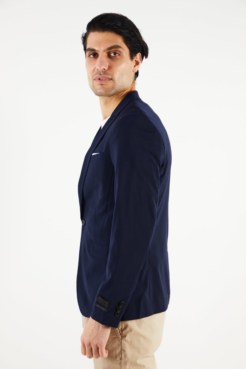 SELECTED Men Slim Fit Plain Blazer, Navy Blue - Image 2