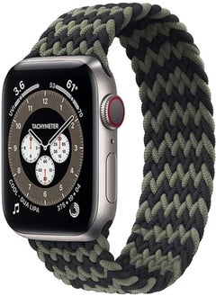 Braided Solo Loop Elastic Watch Band Size 45/42/44mm For Apple Watch Series 1/2/3/4/5/6/7 (Large, Dark Green Wave-Black)