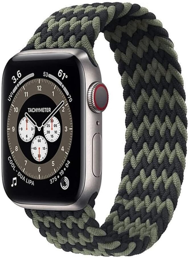 Generic - Braided Solo Loop Elastic Watch Band Size 45/42/44mm For Apple Watch Series 1/2/3/4/5/6/7 (Large, Dark Green Wave-Black) - Image 1