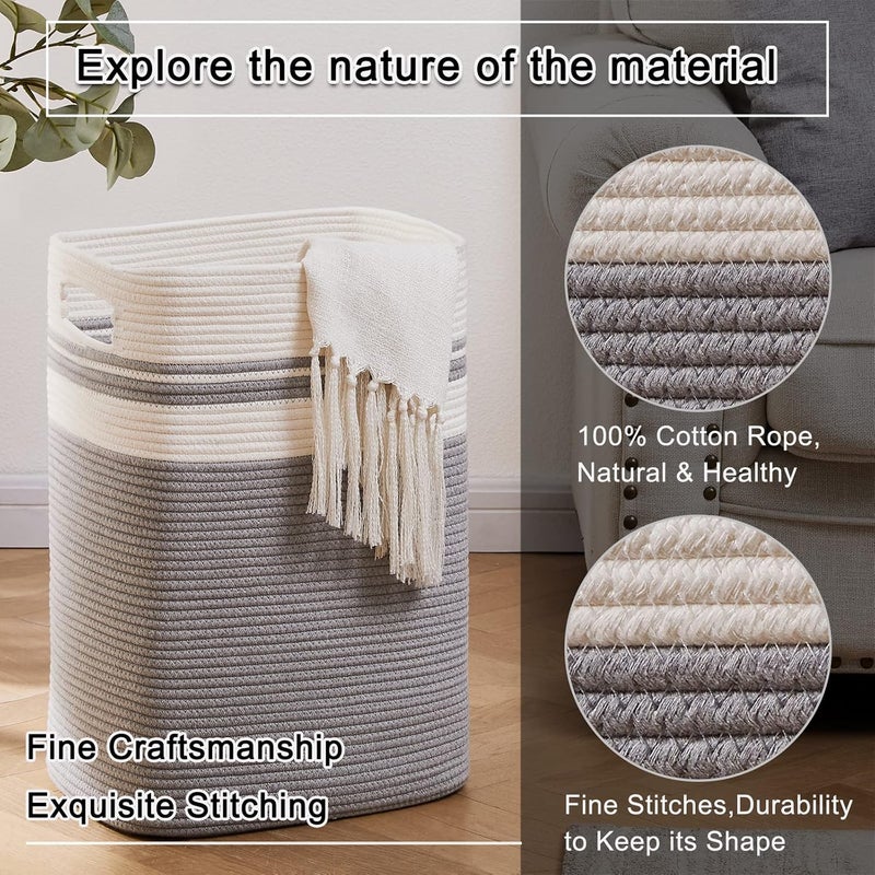 OIAHOMY Laundry Hamper-Laundry Basket,Tall Cotton Storage Basket with Handles,Decorative Blanket Basket for Living room,Collapsible Large Basket for Toys,Pillows,Clothes-16x13x22in-Grey - Image 3