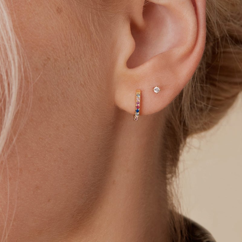 PAVOI 14K Gold Plated 925 Sterling Silver Post Huggies | Cubic Zirconia Huggie Earrings for Women | Multi Colored Stones, White Gold - Image 2