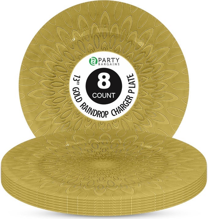13 INCH PLASTIC CHARGER PLATES RAINDROP TRANSPARENT GOLD 8 PACK