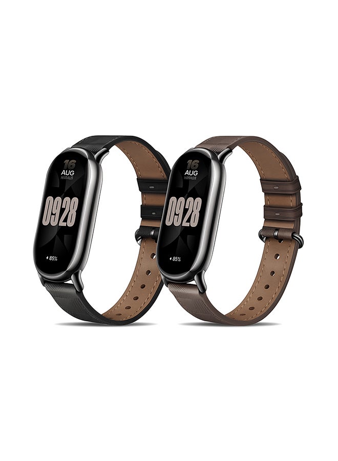 O Ozone (Pack of 2) Leather Straps Compatible with Xiaomi Smart Band 10/9/8, Replacement Watch Wrist Band Bracelet Accessories for Women Men - Black/Brown - Image 1