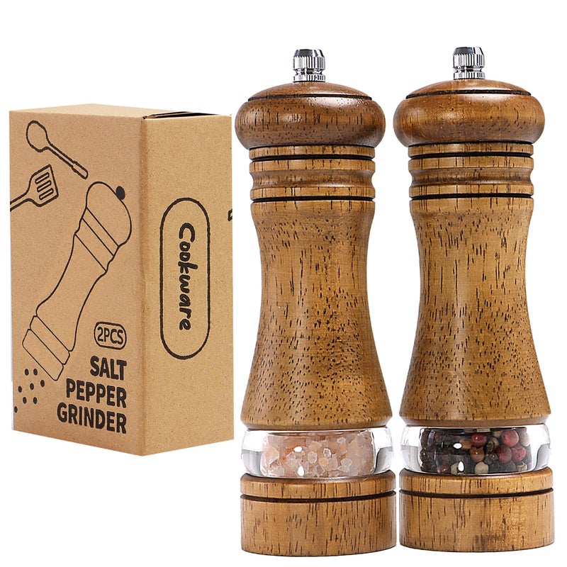 M JINGMEI Wooden Salt and Pepper Grinder Set, Premium Oak Wood Salt Grinder and Pepper Mill with Acrylic Window, Adjustable Ceramic Grinder (6″ - 2 Packs) - Image 1