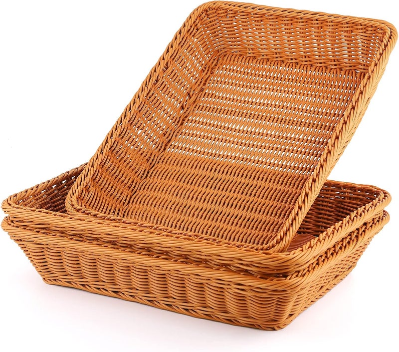 EUSOAR Wicker Bread Basket, 15.8"x 11.8"x 3.0" 3pcs Tabletop Food Serving Baskets Trays, Bread Proofing Basket, Woven Tabletop Food Fruit Vegetables Serving Basket for Restaurant Bakery Family Party - Image 1