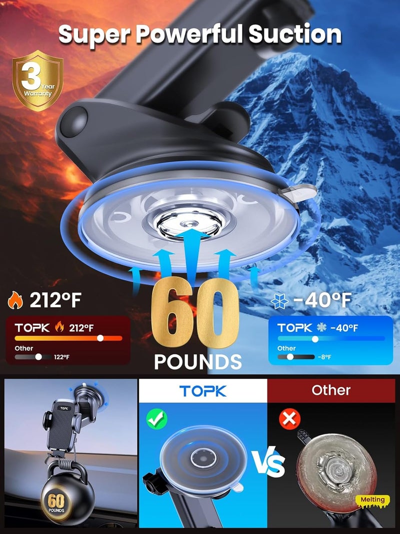 TOPK Car Phone Holder with 360° Rotation and Strong Suction for 4.7 to 6.8 inch Smartphones - Image 4