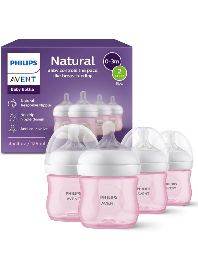 Avent Natural Baby Bottle with Natural Response, 0-3m, Pink, 125 ml, 4 Pack - Image 1