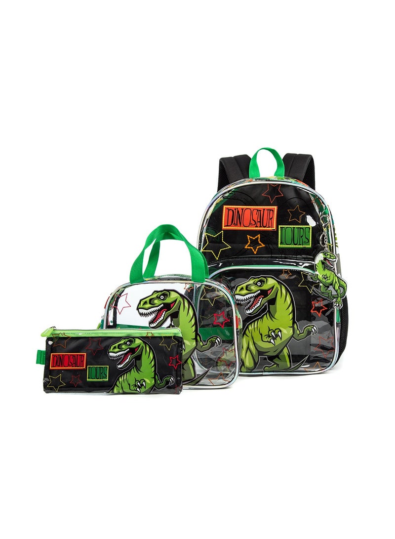 Eazy Kids 17Inch Set of 3 School Bag with Lunch Bag and Pencil Case Dinosaur - Black - Image 2