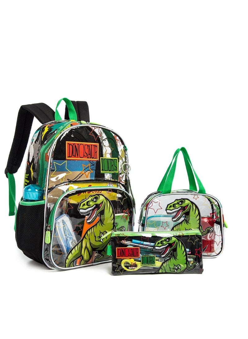 Eazy Kids 17Inch Set of 3 School Bag with Lunch Bag and Pencil Case Dinosaur - Black - Image 1