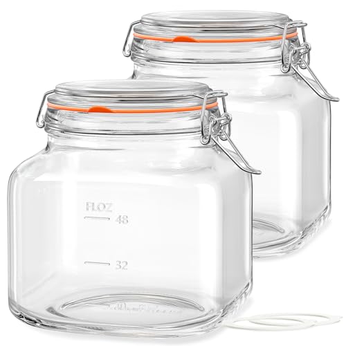 Folinstall 81oz Glass Jars with Airtight Lid, 2 Pack Glass Food Storage Jars with 2 Scale Marks, Square Glass Canisters for Flour, Cereal, Coffee, Pasta, Cookies, Pickle, 0.6 Gallon Wide Mouth Mason Jars - Image 1