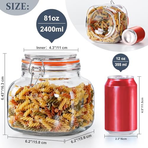 Folinstall 81oz Glass Jars with Airtight Lid, 2 Pack Glass Food Storage Jars with 2 Scale Marks, Square Glass Canisters for Flour, Cereal, Coffee, Pasta, Cookies, Pickle, 0.6 Gallon Wide Mouth Mason Jars - Image 3