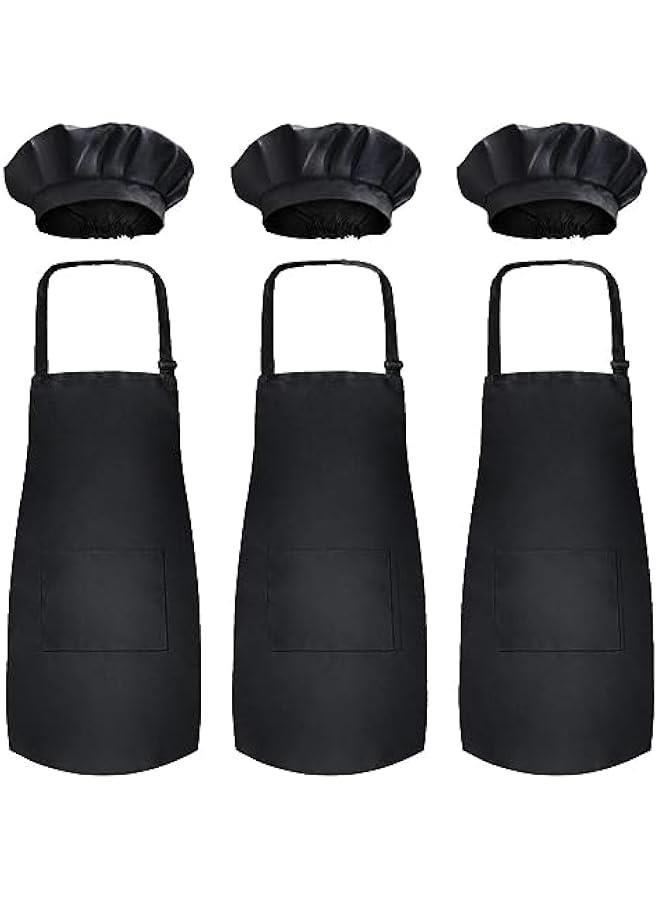MIXDE 3 Pack Kid's Apron with Chef Hat Set - Skin-friendly Children’s Bib with Pocket - Cooking, Baking, Painting, Training Wear For 6-13 Year Kids - Image 1
