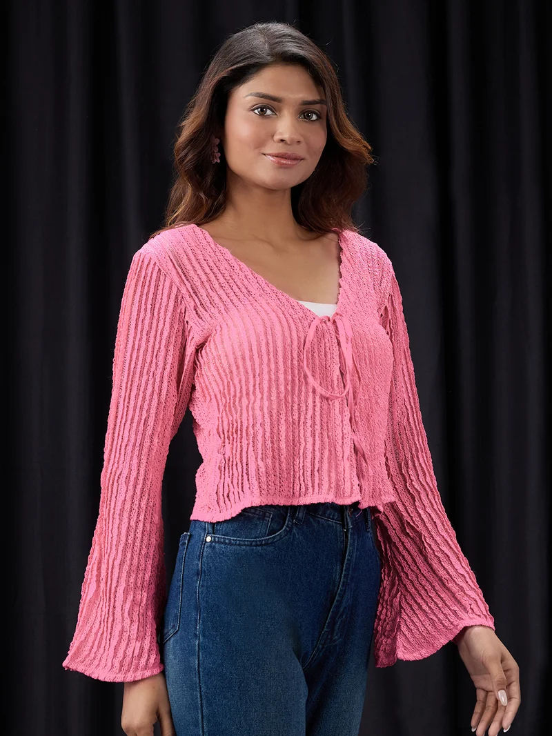 جلو باص بلوزة نسائية وردية بتصميم ذاتي مزينة بالدانتيل وياقة برباط وأكمام واسعة للحفلات