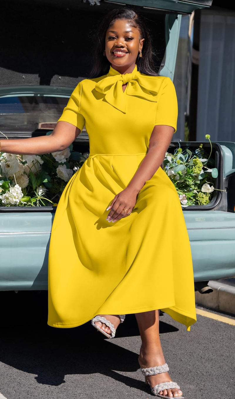 Memoriesea Women's Elegant Casual Short Sleeve Work Party A-Line Dress with Pockets Yelleow Yellow - Image 5