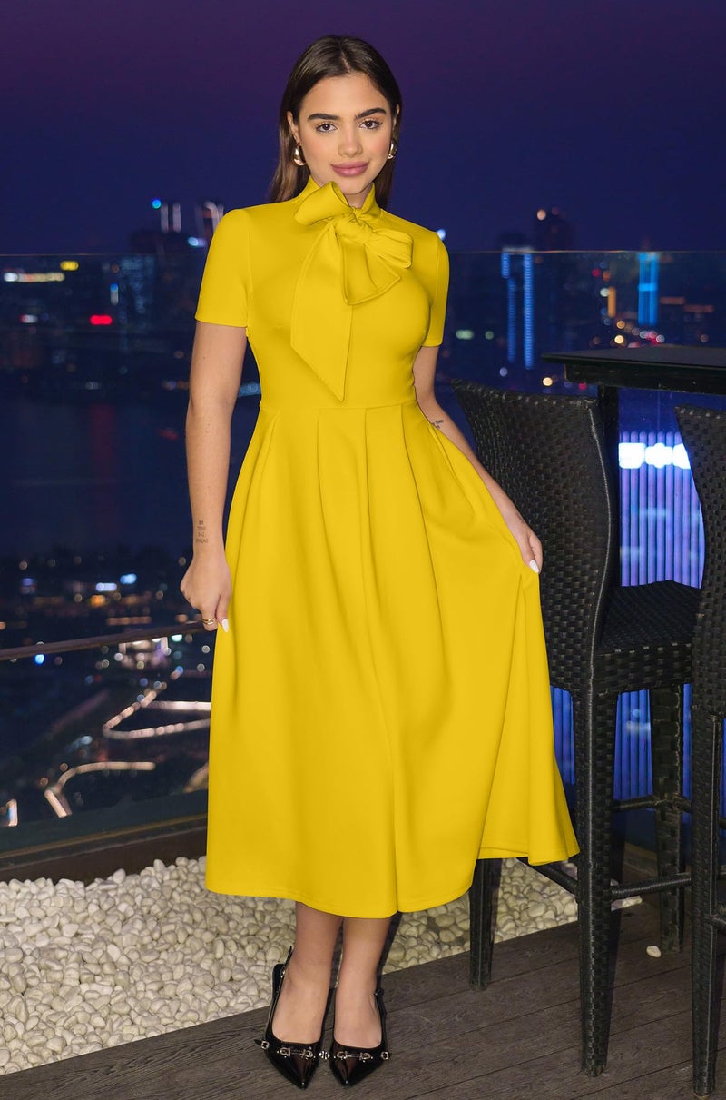 Memoriesea Women's Elegant Casual Short Sleeve Work Party A-Line Dress with Pockets Yelleow Yellow - Image 2