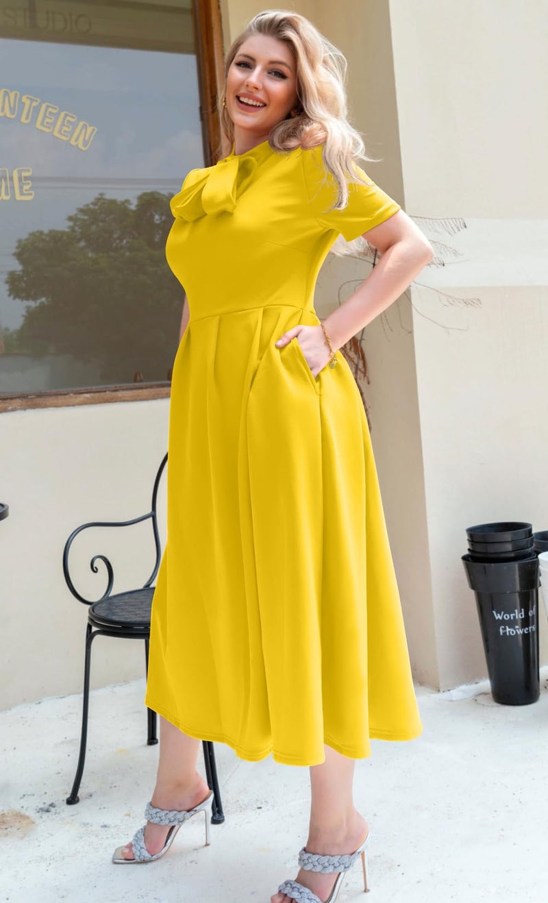 Memoriesea Women's Elegant Casual Short Sleeve Work Party A-Line Dress with Pockets Yelleow Yellow - Image 4