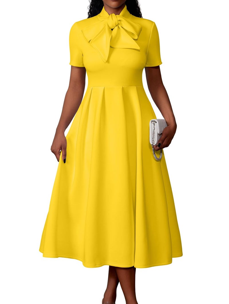 Memoriesea Women's Elegant Casual Short Sleeve Work Party A-Line Dress with Pockets Yelleow Yellow - Image 1