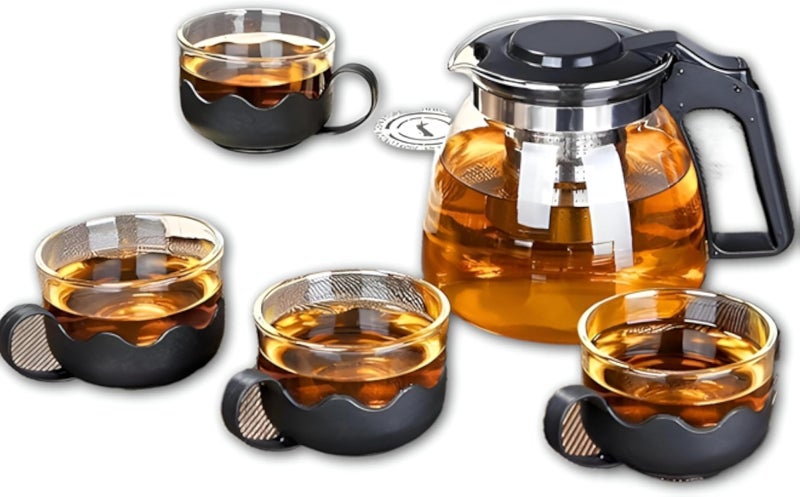 إبريق زجاجي - إبريق شفاف مزود بمصفاة مدمجة من الفولاذ المقاوم للصدأ، سعة أربعة أكواب، جسم زجاجي مثبت على قاعدة بلاستيكية متينة، سعة لتر واحد، مثالي للشاي والمشروبات الباردة