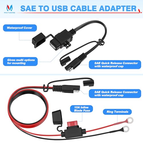 MICTUNING Motorcycle USB Charger,SAE to USB Cable Adapter SAE Quick Disconnect 2.1A Waterproof USB Port with Inline Fuse, Socket Cable 12V-24V for Motorcycle Cellphone Tablet GPS More - Image 3