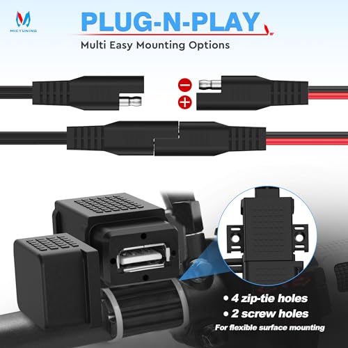 MICTUNING Motorcycle USB Charger,SAE to USB Cable Adapter SAE Quick Disconnect 2.1A Waterproof USB Port with Inline Fuse, Socket Cable 12V-24V for Motorcycle Cellphone Tablet GPS More - Image 4