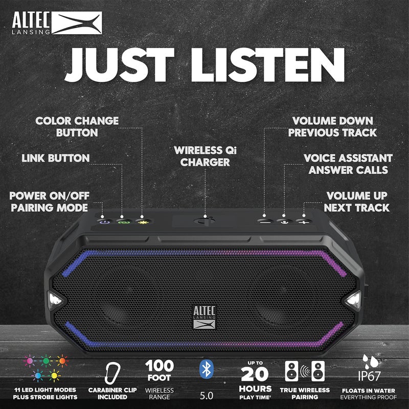 Altec Lansing ألتك لانسنج - مكبر صوت بلوتوث محمول لاسلكي هيدرا بلاست، مقاوم للماء IP67 للحفلات، مكبرات صوت خارجية قابلة لإعادة الشحن عبر USB C مع شاحن مدمج للهاتف وأضواء LED، وقت تشغيل 20 ساعة - Image 3