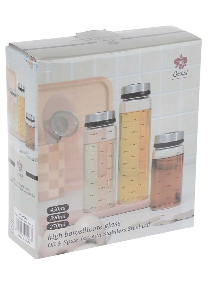 Orchid - Orchid Borosilicate Spice Jar Set, Spice Jar Set, 3 Piece Glass Jar with Stainless Steel Airtight Lids, Mini Clear Food Storage Jar for Pantry for Masalas, Herbs, Sugar (3PC, 450Ml, 390ML, 270ML) - Image 1