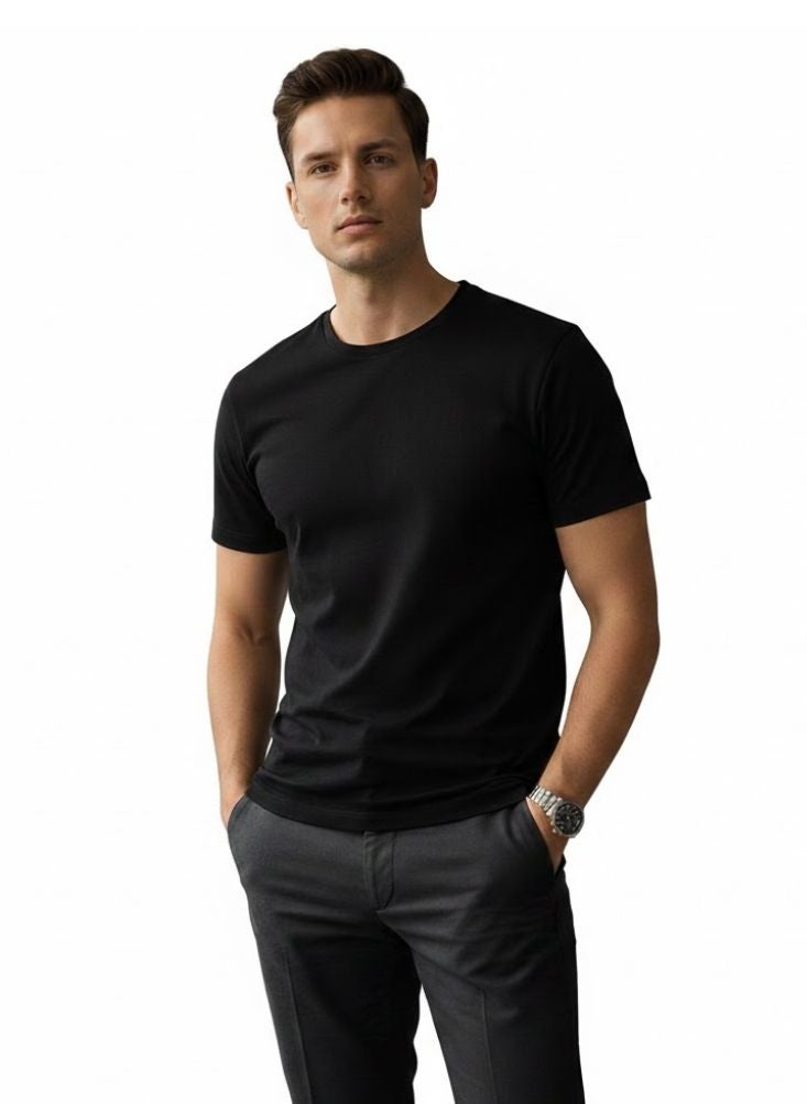 Premium Men’s Black Round Neck T-Shirt – Single Piece Cotton Slim Fit Casual Tee - Image 1