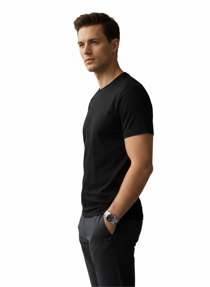 Premium Men’s Black Round Neck T-Shirt – Single Piece Cotton Slim Fit Casual Tee - Image 2