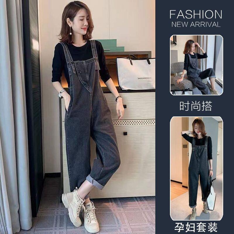 Pregnant Womens Pants Spring and Autumn Outer Wear Jeans Spring and Summer Thin Bib Pants Wide Leg Trousers Pregnant Womens Clothing Autumn Suit Black Gray (belted pants + black long sleeve shirt)