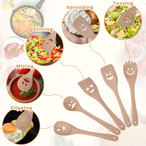 HANSGO 5PCS Wooden Spoons for Cooking, Funny Wooden Utensil Set Wood Spatulas with Smile Faces Cute Kitchen Accessories, Best Cooking Gifts for Housewarming Wedding Holidays - Image 3