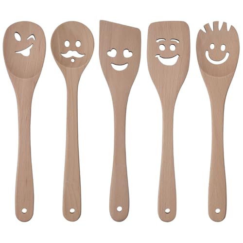 HANSGO 5PCS Wooden Spoons for Cooking, Funny Wooden Utensil Set Wood Spatulas with Smile Faces Cute Kitchen Accessories, Best Cooking Gifts for Housewarming Wedding Holidays - Image 1