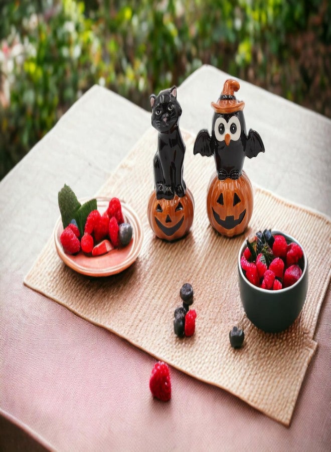 كوزموس جيفتس طقم هزازات ملح وفلفل من السيراميك الفاخر، بتصميم قطة سوداء وبومة على يقطينة، مناسب لأعياد الشكر والهالوين، ارتفاع 3-3/4 بوصة - Image 3
