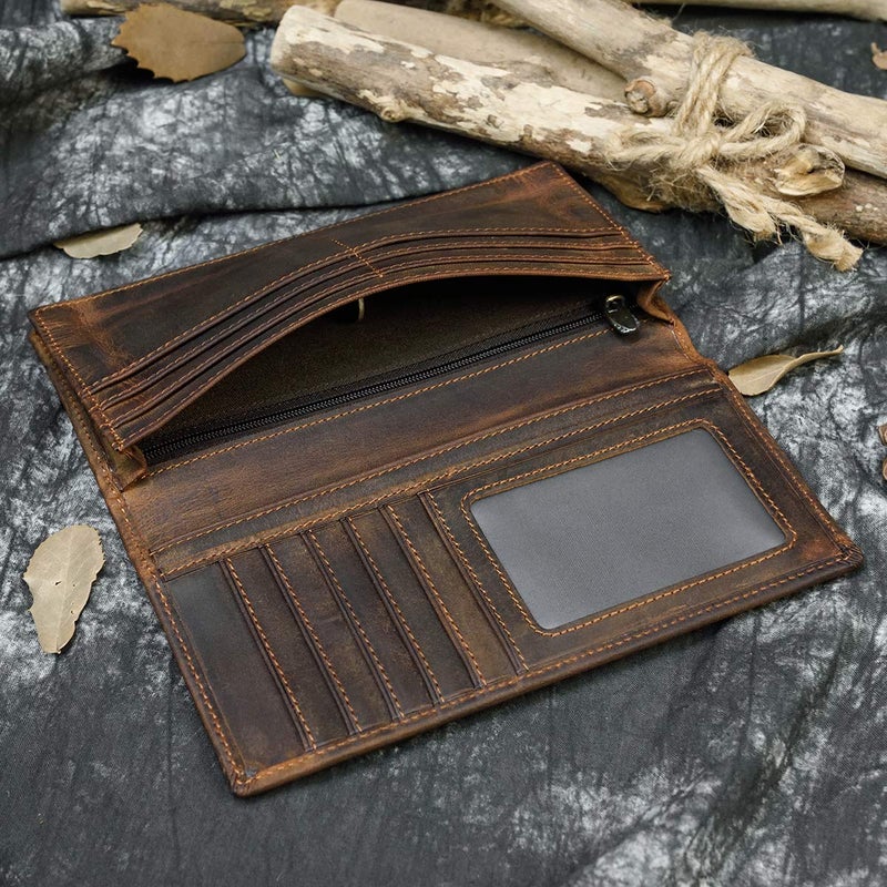 LUUFAN Men's Vintage Genuine Leather Long Bifold Wallet With Zipper Pocket - Image 4
