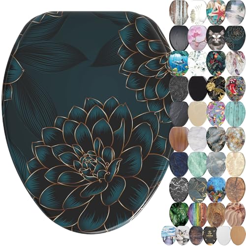 SANILO Wooden Toilet Seat with Soft Close [ELONGATED] - Decorative, Quiet & Slow Close Molded Wood Seat - With Strong Bumpers & Hinges - Adjustable Fit - Dahlia - Image 1