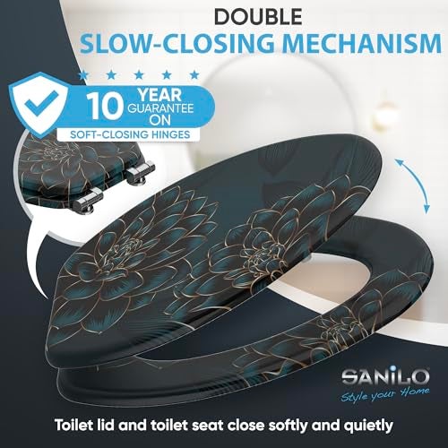 SANILO Wooden Toilet Seat with Soft Close [ELONGATED] - Decorative, Quiet & Slow Close Molded Wood Seat - With Strong Bumpers & Hinges - Adjustable Fit - Dahlia - Image 3