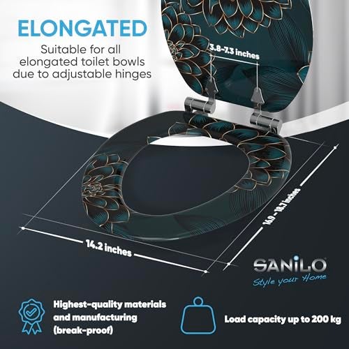 SANILO Wooden Toilet Seat with Soft Close [ELONGATED] - Decorative, Quiet & Slow Close Molded Wood Seat - With Strong Bumpers & Hinges - Adjustable Fit - Dahlia - Image 4