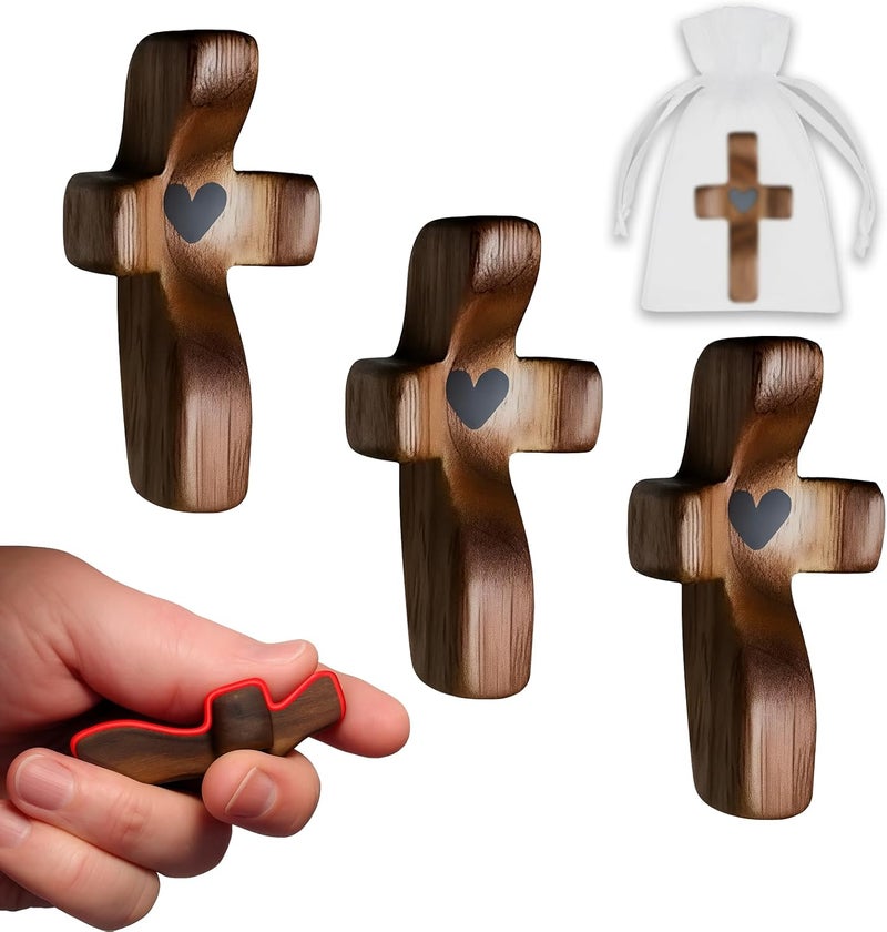 KyooteLfv Wooden Cross Fidget - Cross My Heart, Walnut Pocket Crosses for Anxiety Relief & Prayer, Encouragement Christian Gift for Adults/Kids (3 PCS) - Image 1