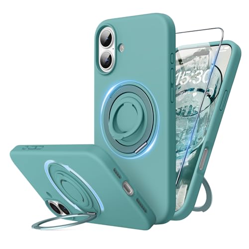 SURPHY 360° Magnetic Stand for iPhone 16 Plus Case with Finger Ring, Compatible with MagSafe, with Screen Protector, Ring Stand and Finger Phone Case for 16 Plus 6.7 inch 2024, Green - Image 1
