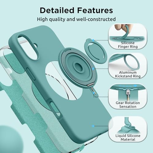 SURPHY 360° Magnetic Stand for iPhone 16 Plus Case with Finger Ring, Compatible with MagSafe, with Screen Protector, Ring Stand and Finger Phone Case for 16 Plus 6.7 inch 2024, Green - Image 5