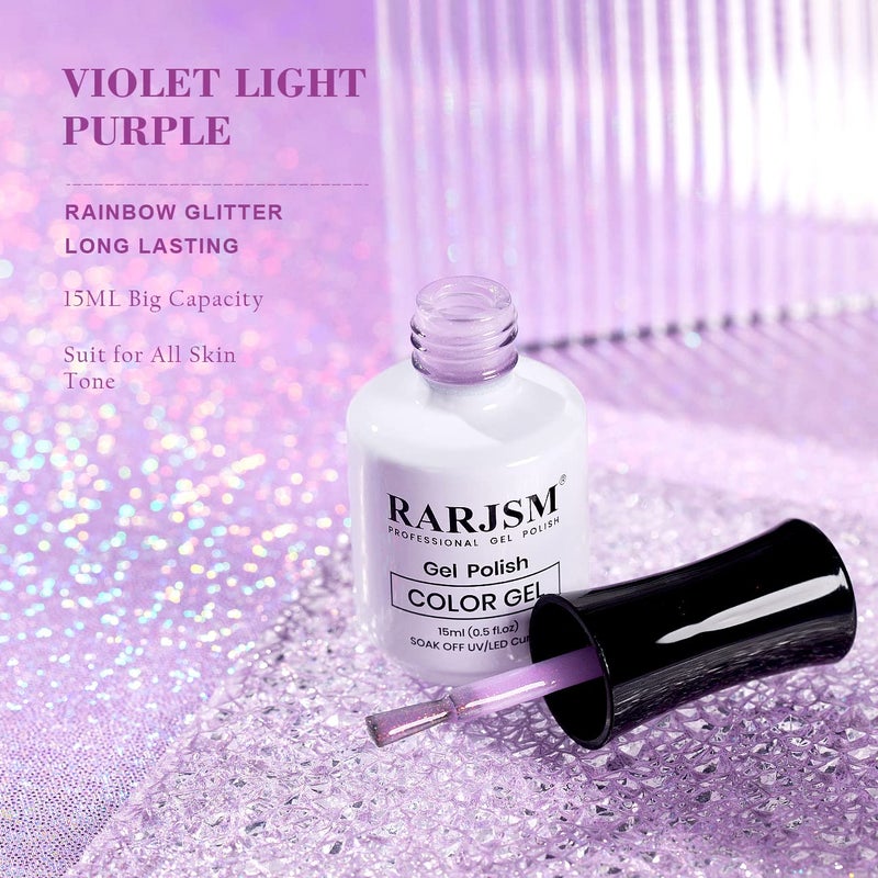 RARJSM Shimmer Glitter Gel Nail Polish Light Purple Chunky Sparkle Holographic Rainbow Iridescent Nude Jelly Gel Polish Lavender Single Bottle Soak off UV LED Cured for Home Salon Manicure 15ML - Image 2