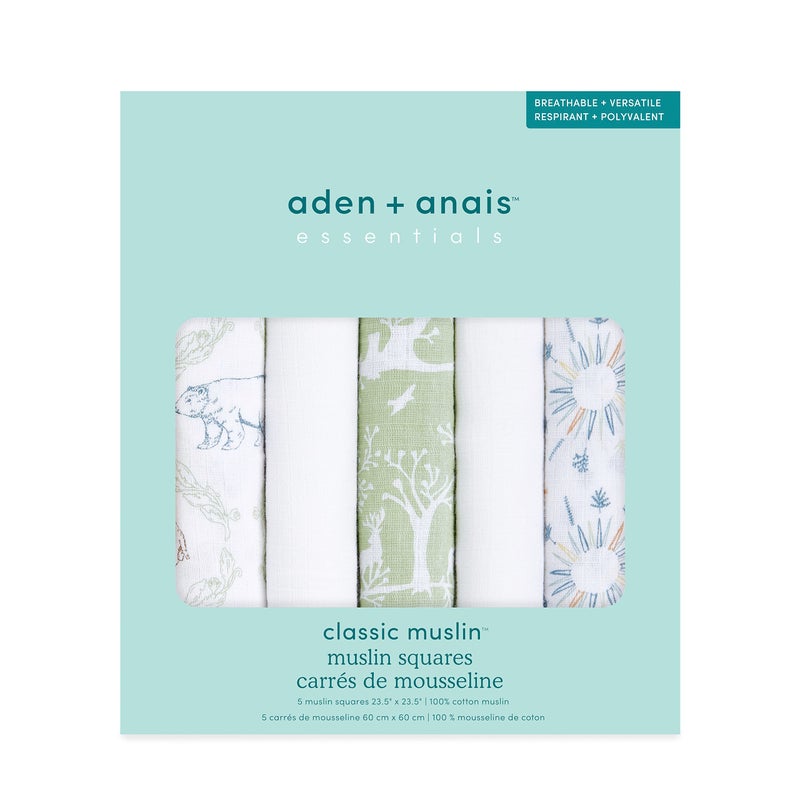 aden + anais Essentials Musy Squares 5 Pack - Soft, Absorbent 100% Cotton Muslin Baby Cloths (23.5"x23.5"), Perfect for Spills, Drool & On-The-Go Cleanups, A Diaper Bag Essential, Harmony - Image 2