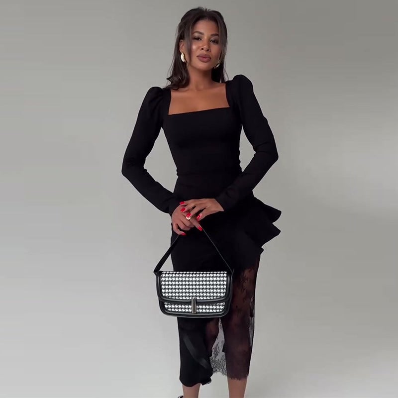 Autumn Export Women'S Elegant Black Splicing Long-Sleeved Dress - Image 2