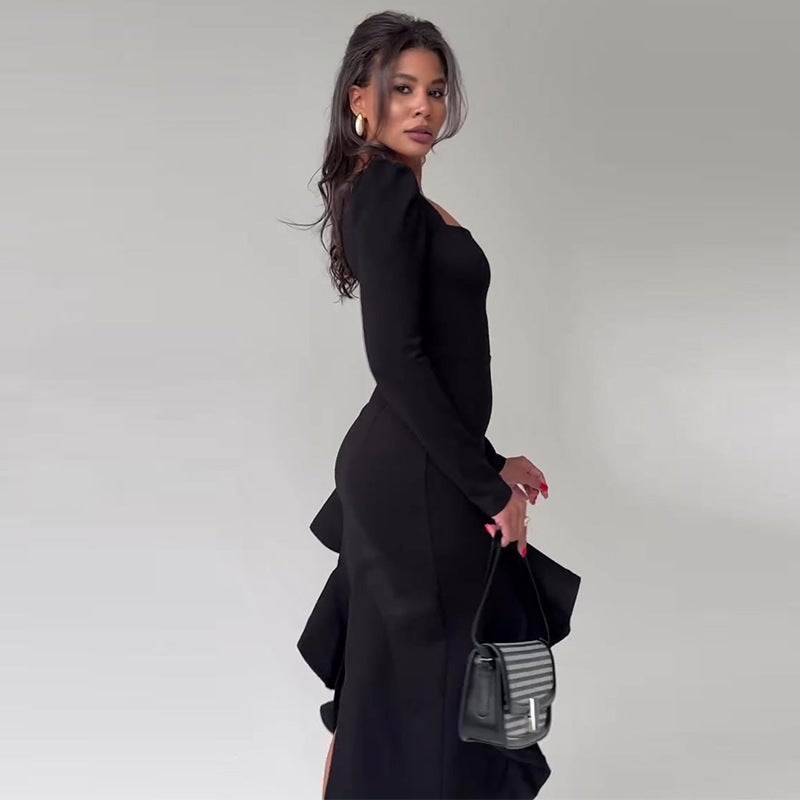Autumn Export Women'S Elegant Black Splicing Long-Sleeved Dress - Image 3