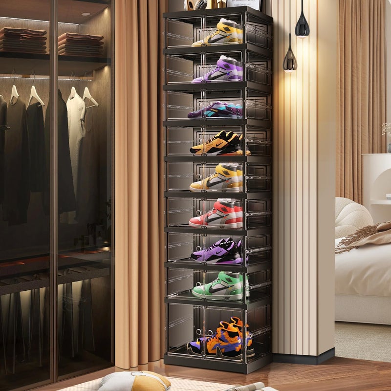 CIMLORD Foldable Shoe Rack with 9 Tiers, for Closet, Entryway, 9–18 Pairs, Stackable, Transparent Shoe Storage Boxes, Organizer with Door, Plastic, Small Shoe Cabinet with Lid, - Image 5