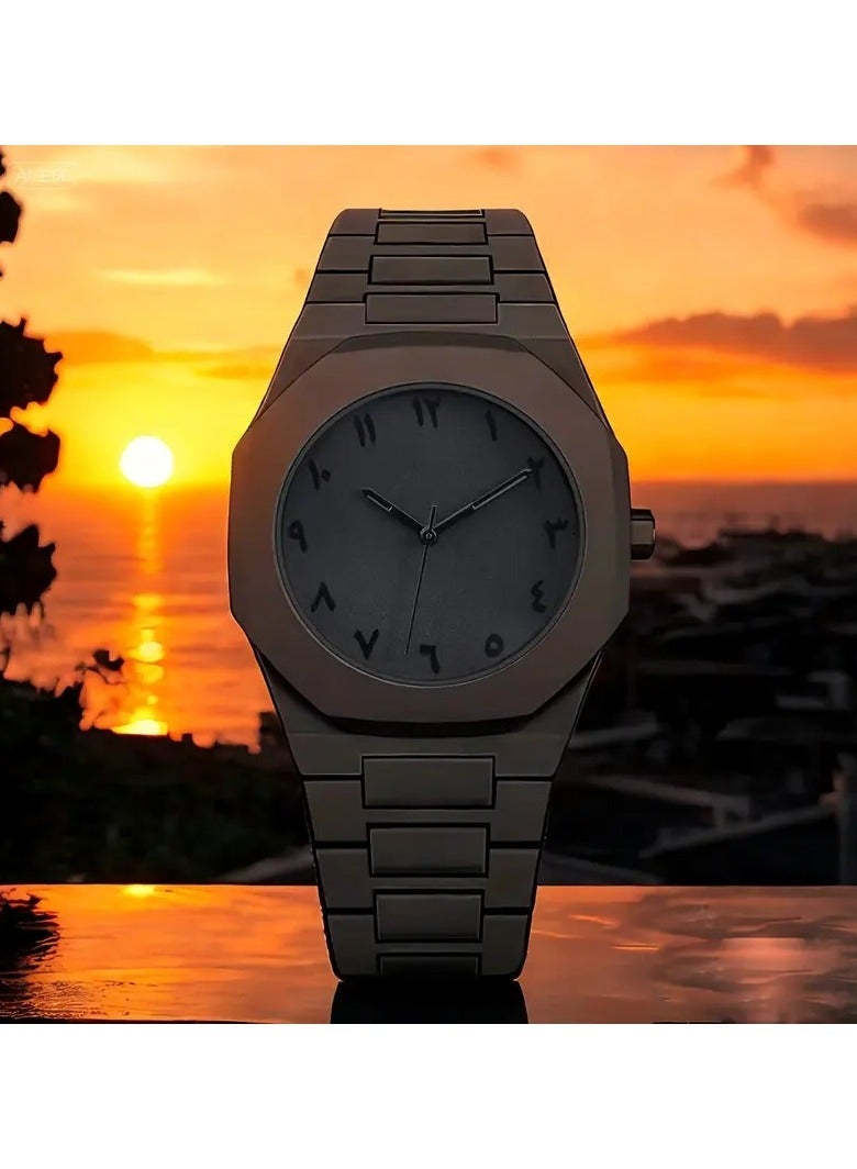ساعة يد كوارتز احترافية للرجال والنساء - ساعة تناظرية سوداء بأرقام عربية، حزام من الفولاذ المقاوم للصدأ، قرص مثمّن الشكل، مقاومة للماء، هدية أنيقة - Image 4