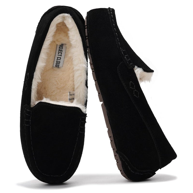 Project Cloud 100% Genuine Leather Slippers for Women - Fur Lined Outdoor Slippers for Women Footwear with Memory Foam - Stylish Womens Moccasin (Cathi, BLK, 7) - Image 1